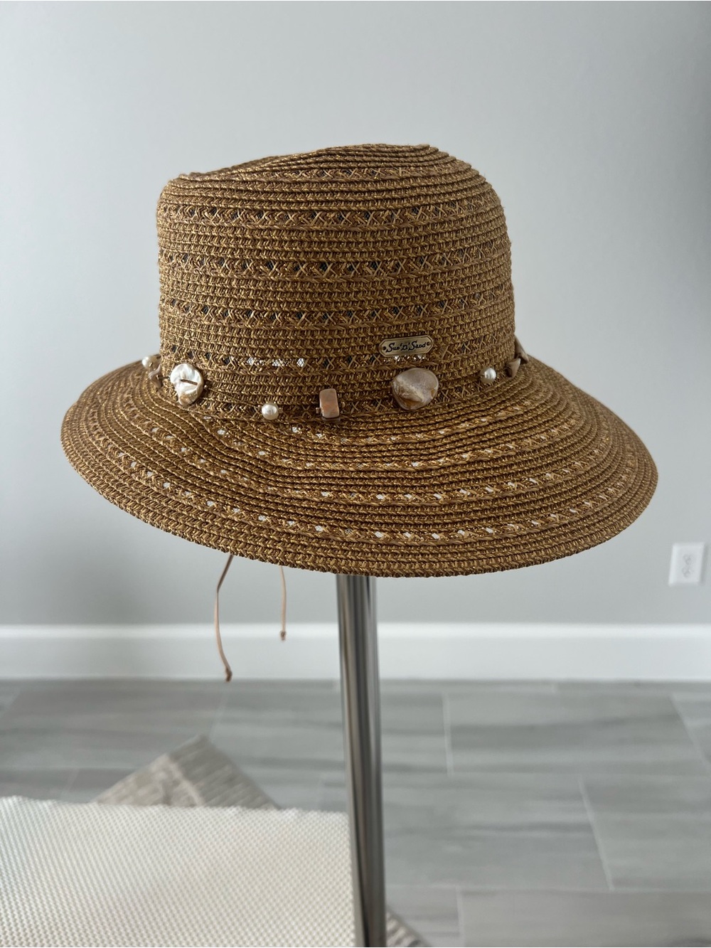 Beaded Brown Straw Sun Hat with Decorative Accents